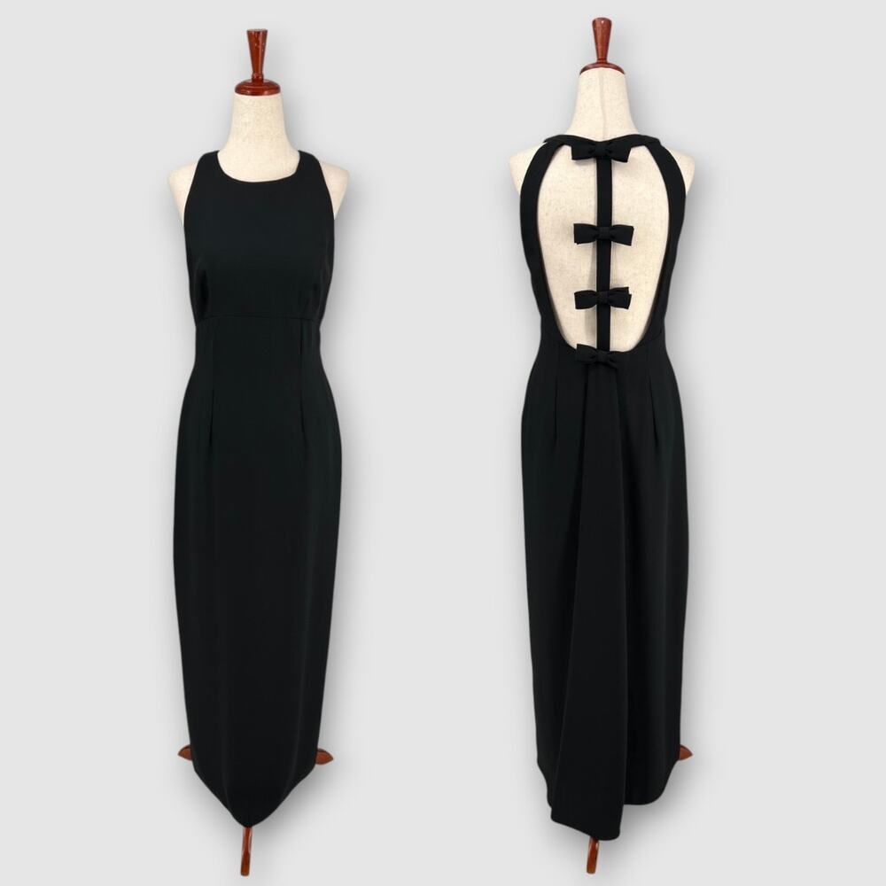 90s Vintage Watters and Watters Black Open Back Bow Detail Halter Maxi Gown